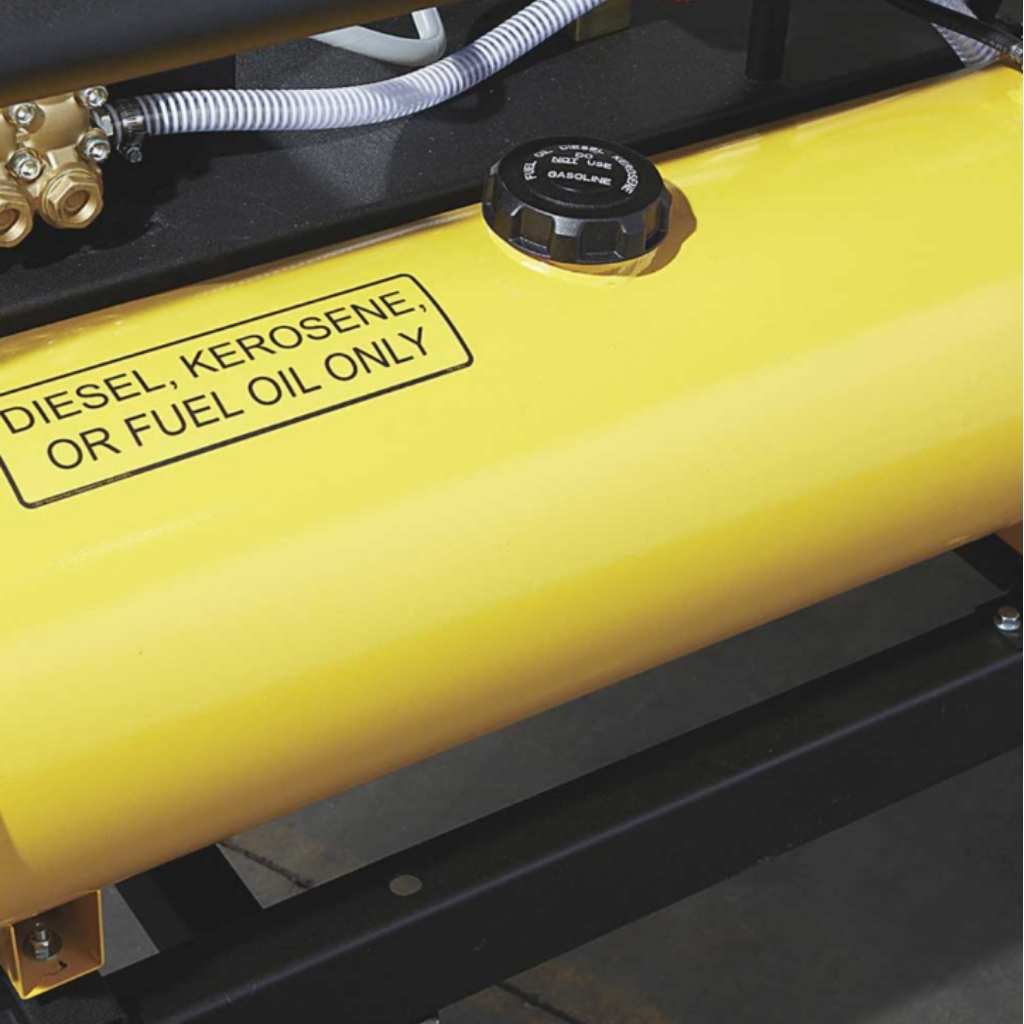 a northstar 4000 psi hot water pressure washer with a Yellow fuel tank with a label indicating it is for diesel, kerosene, or fuel oil only.