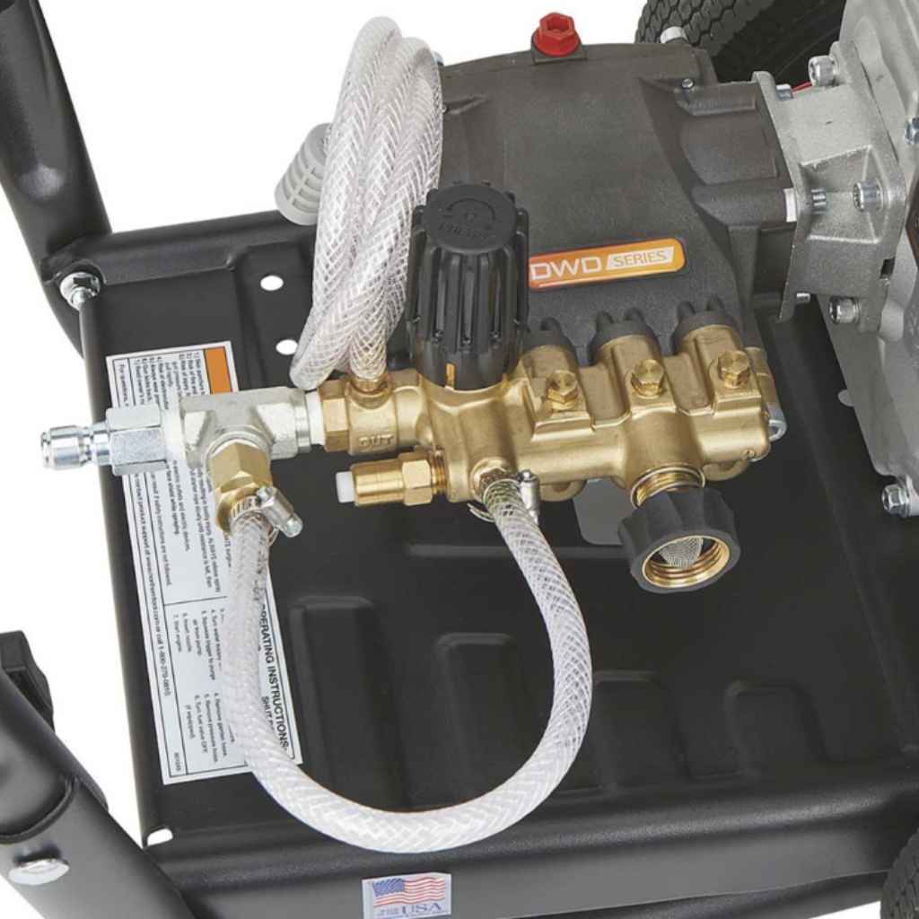 northstar 3100 psi gas Pressure washer pump with hoses and connectors on a white background