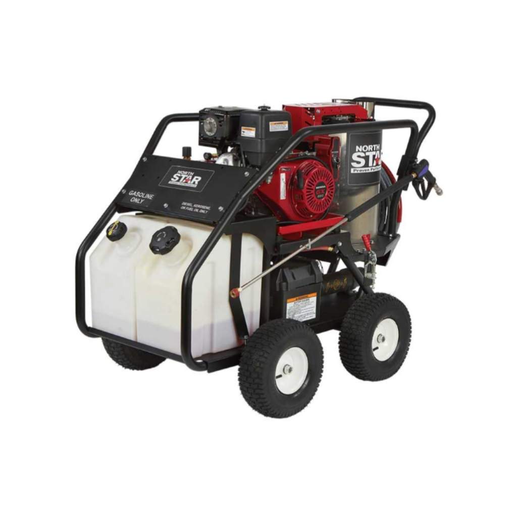 northstar hot water 3500 psi Pressure washer with a large tank on wheels on a white background