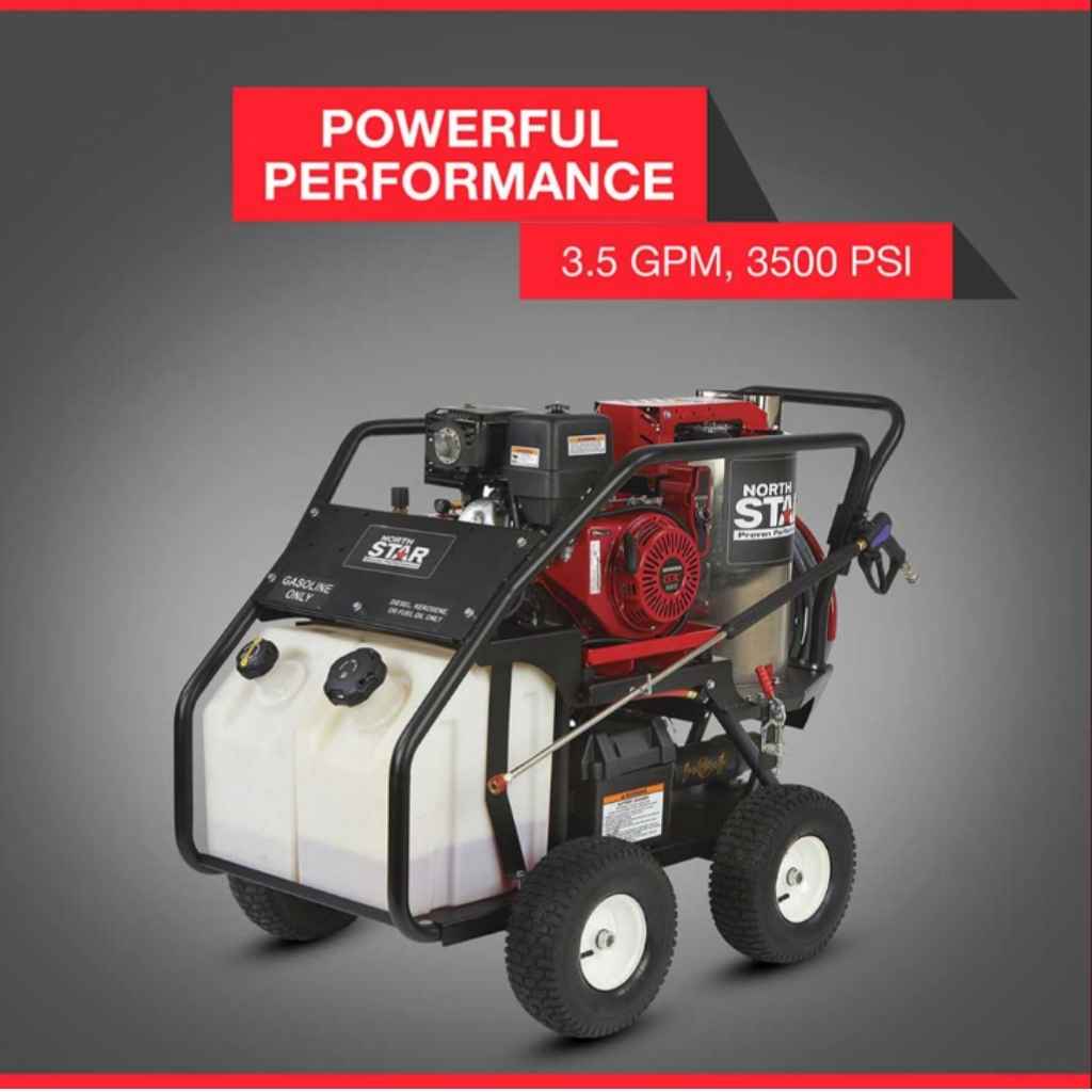 Northstar 3500 psi honda gx390 hot water Pressure washer with 'Powerful Performance' text and specifications on a gray background