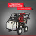 Northstar 3500 psi honda gx390 hot water Pressure washer with 'Powerful Performance' text and specifications on a gray background