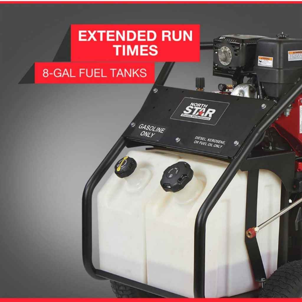 northstar 3500 psi hot water pressure washer Fuel tank with 'North Star' branding and text about extended run times and 8-gal fuel tanks on a dark background.