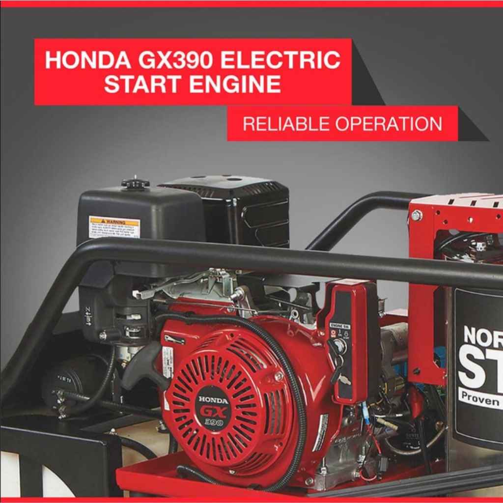 northstar 3500 psi hot water pressure washer with a Honda GX390 electric start engine with branding and text on a dark background