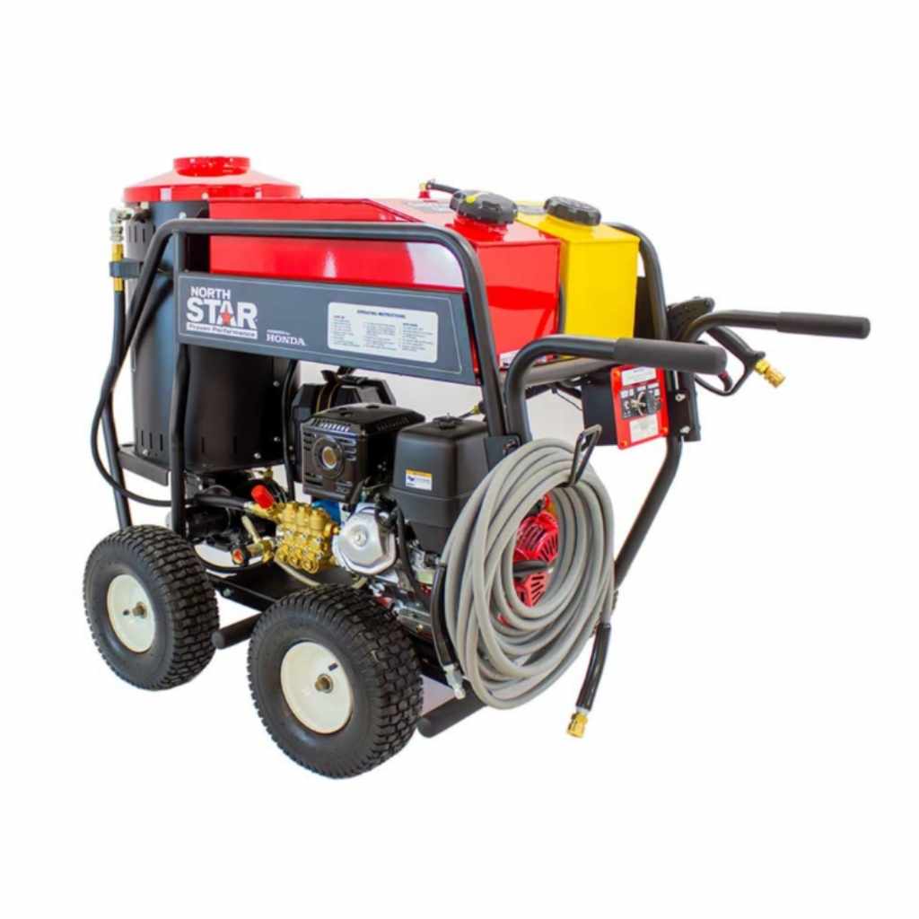 Red and black northstar hot water 3000 psi pressure washer with hose on a white background