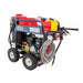 Red and black northstar hot water 3000 psi pressure washer with hose on a white background