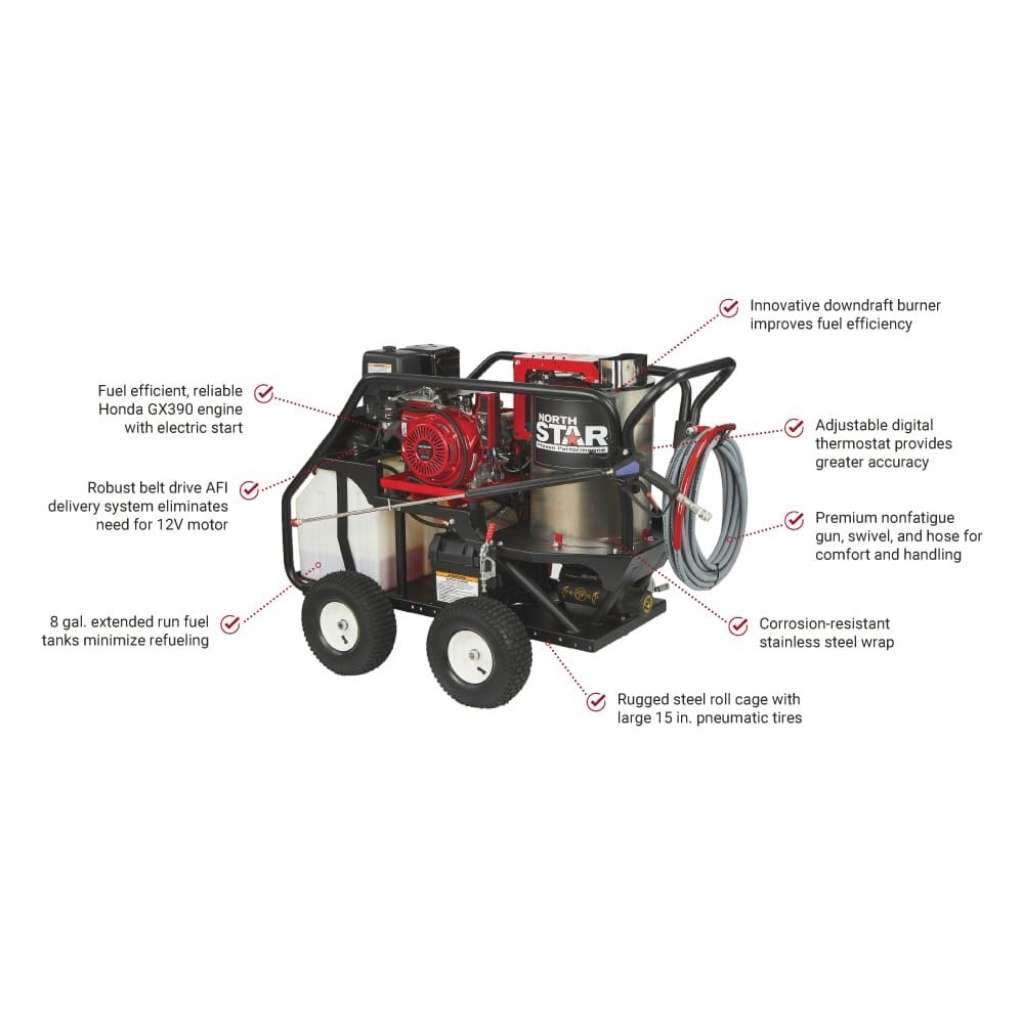 northstar hot water 3500 psi Pressure washer with features highlighted on a white background