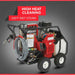 Red and black  northstar hot water pressure washer 3500 psi gx390 engine with hose on a gray background, featuring 'High Heat Cleaning' text.