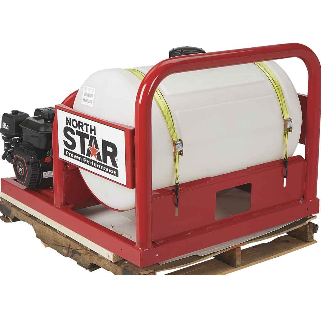 Red and white Northstar 55 gallon skid sprayer on a wooden pallet with North Star branding.