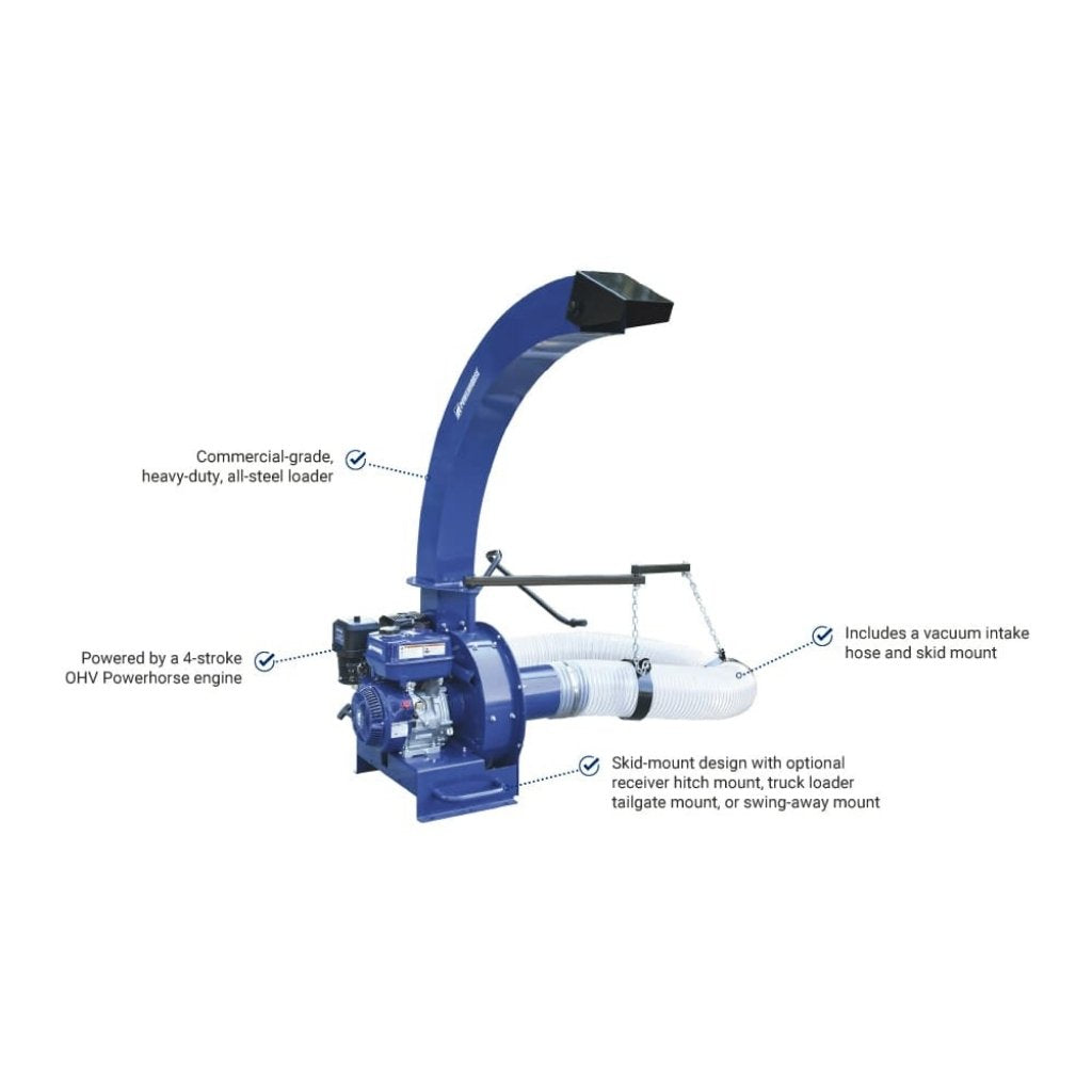 Blue powerhorse chipper shredder 212cc with features highlighted on a white background