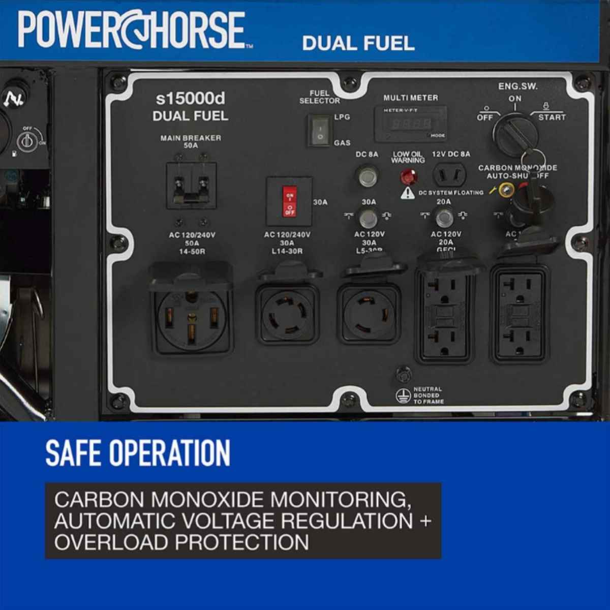 Powerhorse 1500w generator dual fuel generator panel with safe operation features highlighted.