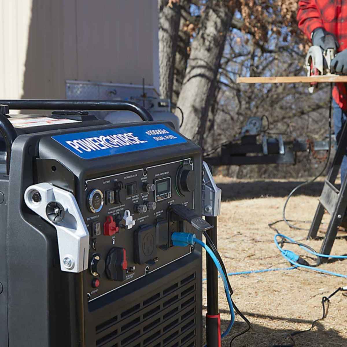 powerhorse 10500w inverter generator with 'Power horse' branding outdoors, connected to a tool.