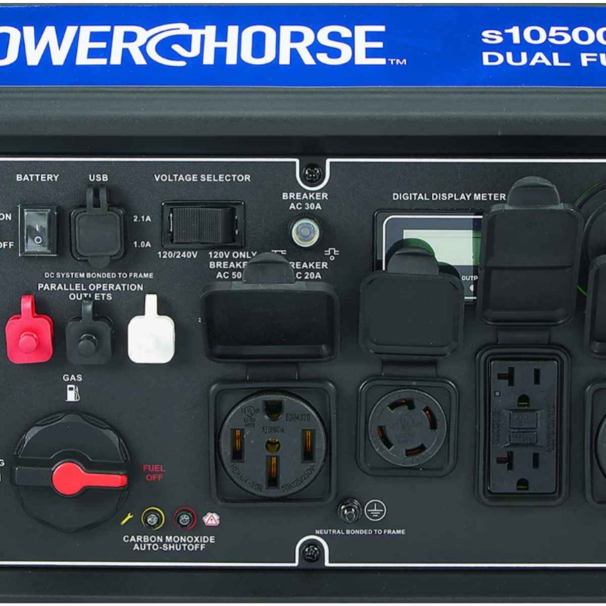 Powerhorse 10500w generator with multiple outlets and switches on a black background