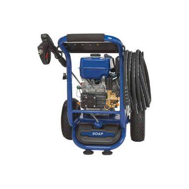 Blue powerhorse pressure washer 4400 PSI with hose on a white background
