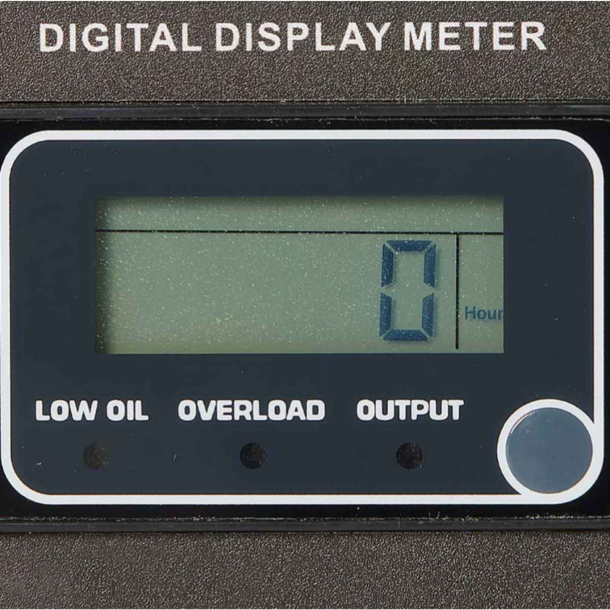 Digital display meter with a digital screen showing '0' hours, labeled for low oil, overload, and output to a powerhorse generator 8000.