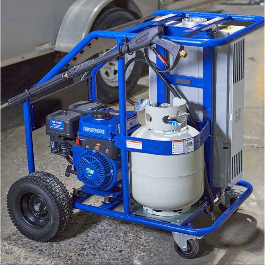 Blue powerhorse 3600 psi portable hot water pressure washer with a propane tank on a concrete surface