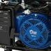 Close-up of a PowerHorse 12500 watt generator power horse engine with blue fan and visible branding.
