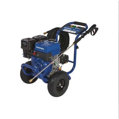 Blue powerhorse 4400 psi pressure washer with hose on a white background