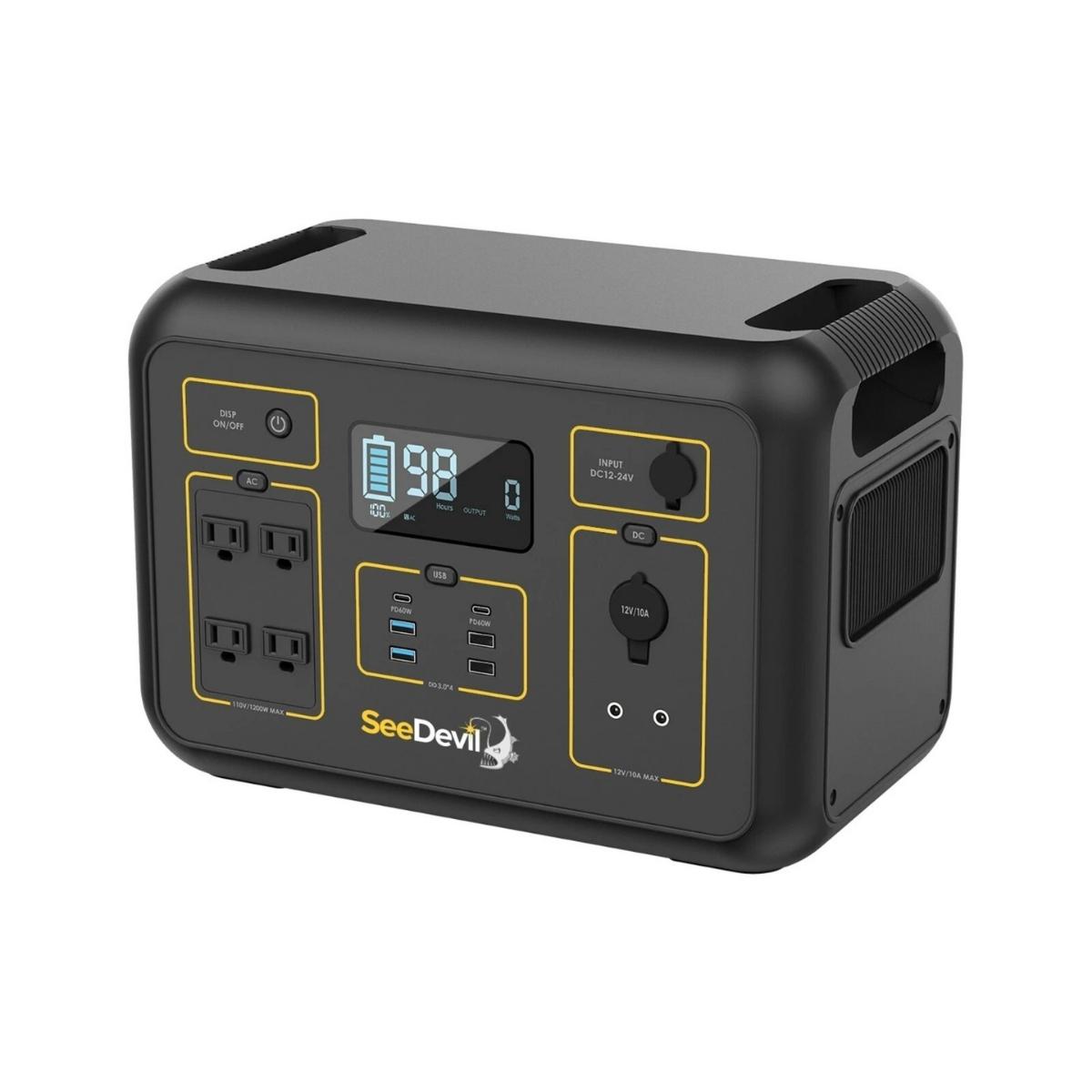 Black seedevil portable power station 1200w with digital display and SeeDevil branding on a white background