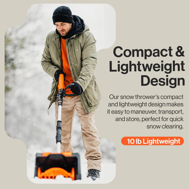 Person using a SuperHandy snow thrower with text highlighting compact and lightweight design
