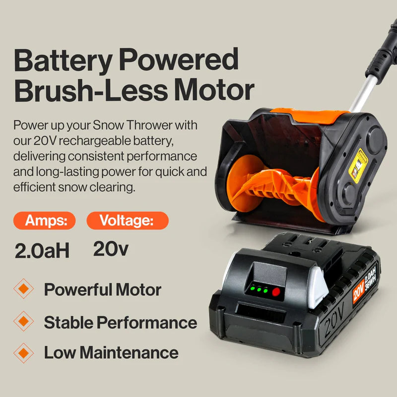 Battery-powered brushless motor for  a SuperHandy snow thrower with battery and charger on a beige background
