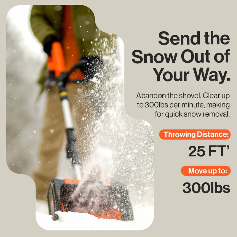 Person using a SuperHandy snow blower with text about snow removal capabilities on a gray background