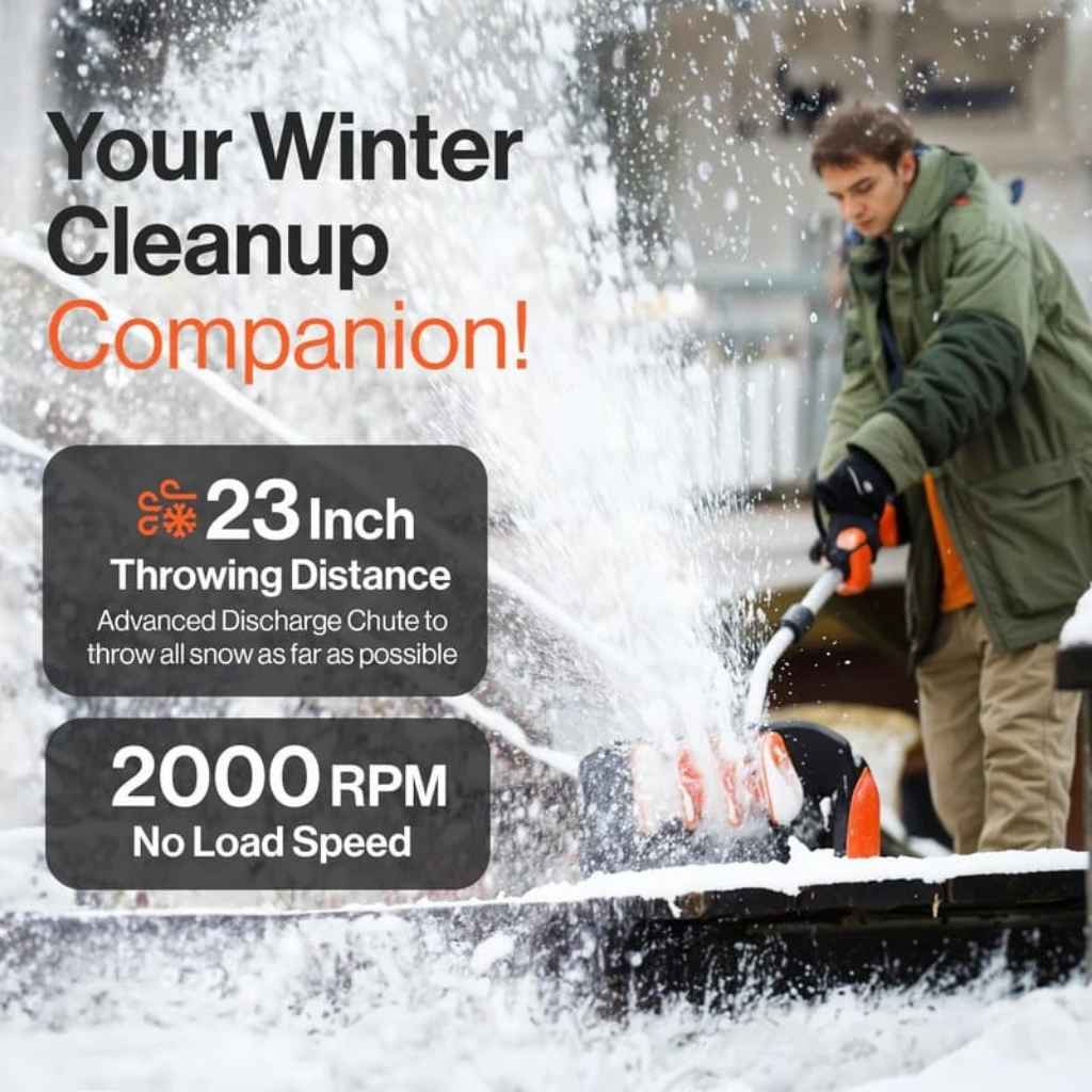 Person using a superhandy snow thrower pro 48v with text highlighting features like 23-inch throwing distance and 2000 RPM.
