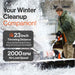 Person using a superhandy snow thrower pro 48v with text highlighting features like 23-inch throwing distance and 2000 RPM.