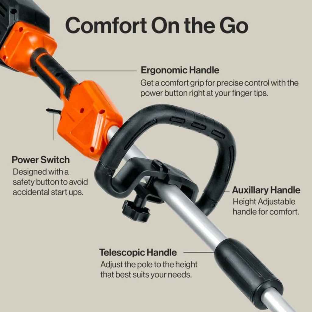 Superhandy 48v snow thrower with ergonomic handle, power switch, auxiliary handle, and telescopic handle on a beige background.
