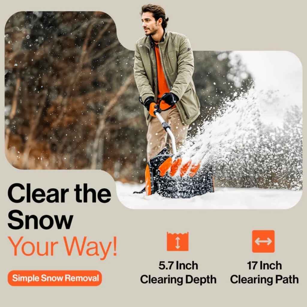 Person using a snow removal tool with text about snow clearing capabilities.