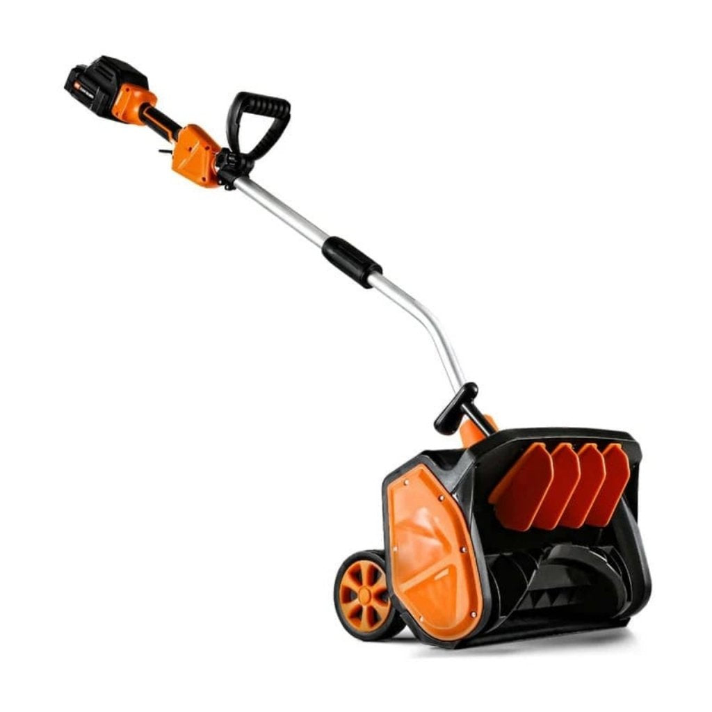 Orange and black superhandy 48v snow thrower pro on a white background