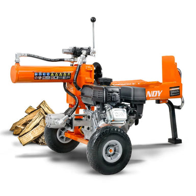 Orange superhandy 20 ton log splitter with wood on a white background