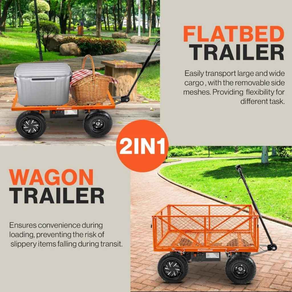 superhandy garden cart pro with removable side meshes and wagon trailer for cargo transportation.
