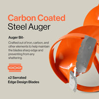 Orange steel SuperHandy Ice auger with carbon-coated blades on a beige background