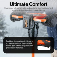 Handheld Superhandy Ice auger with ergonomic design and safety features, used for drilling through thick ice.