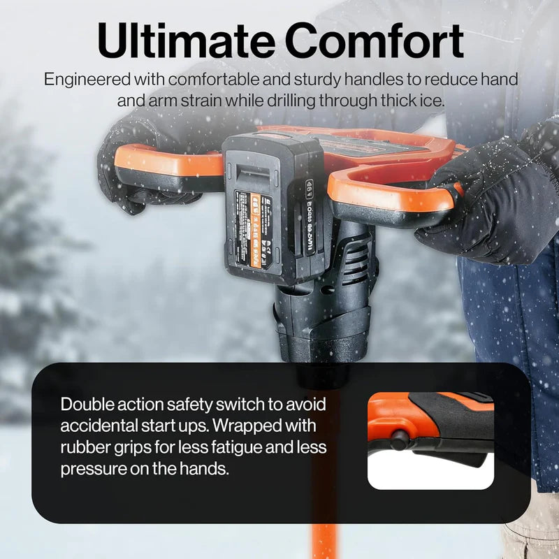 Handheld Superhandy Ice auger with ergonomic design and safety features, used for drilling through thick ice.