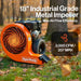 Orange superhandy towable leaf blower 15 hp with text on air flow efficiency in a natural setting.