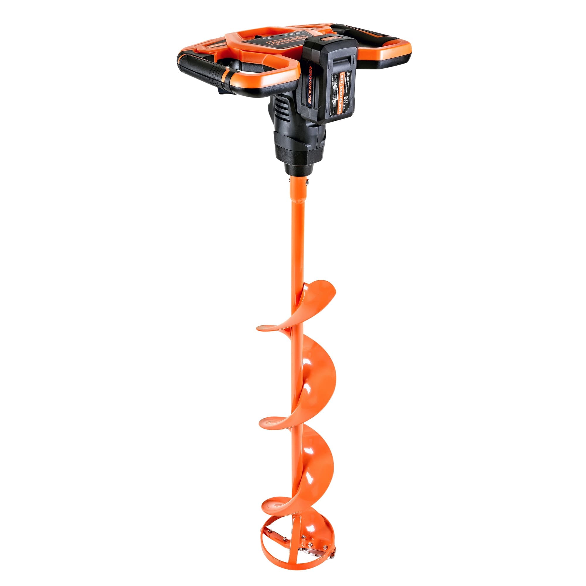 Orange and black superhandy 48v ice auger on a white background