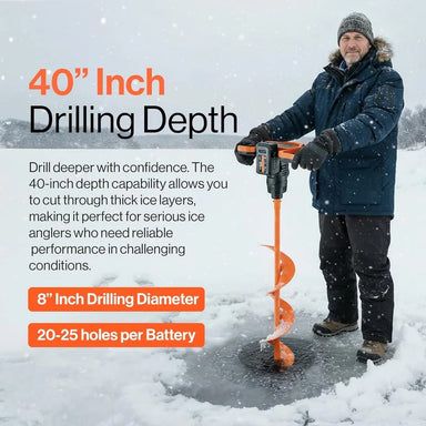 Person using a Superhandy Electric ice auger for drill in the snow to drill a hole in the ice with text about drilling depth and specifications.