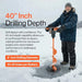 Person using a Superhandy electric ice auger in the snow with text about drilling depth and features.