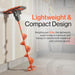 Orange superhandy ice auger with text highlighting its lightweight and compact design on a neutral background.