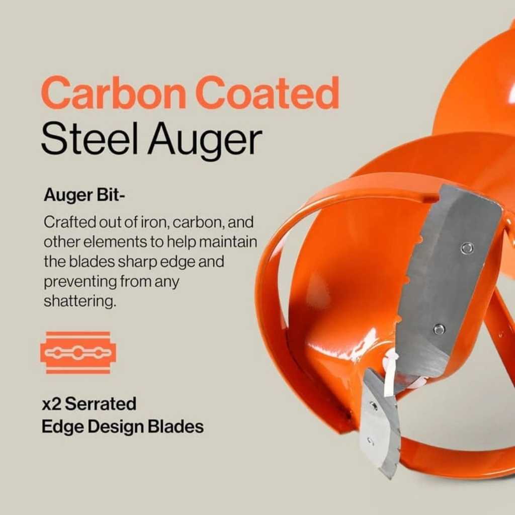 Carbon Coated Steel superhandy 48v ice Auger with two serrated edge design blades on a beige background