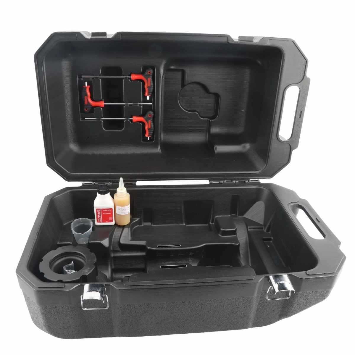 Black tool case with Titan post driver pgd3200x model and bottles on a white background