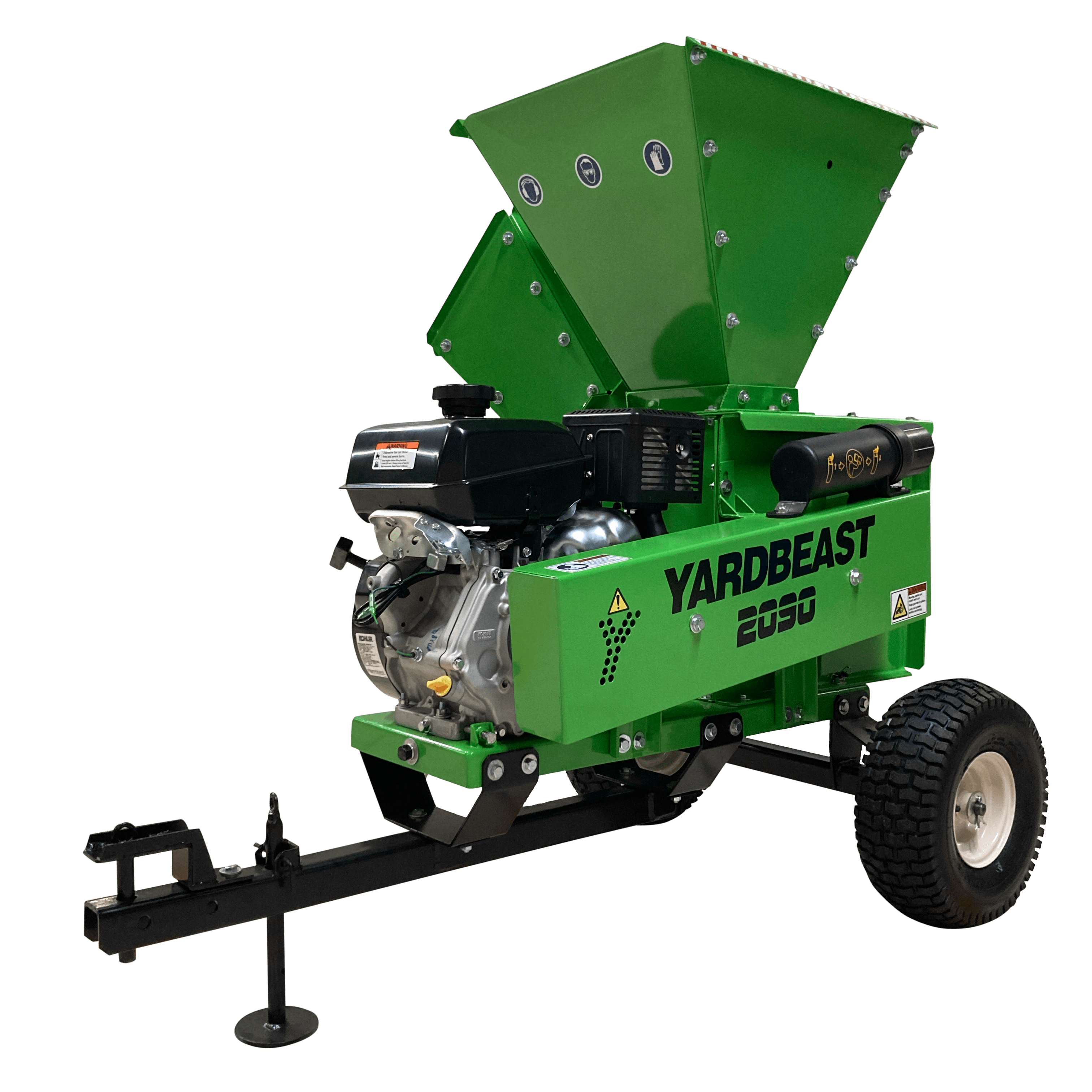 Green YardBeast 2090 3.5 in. woodchipper with 'Yard Beast' branding on a white background left side view