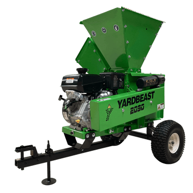 Green YardBeast 2090 3.5 in. woodchipper with 'Yard Beast' branding on a white background left side view