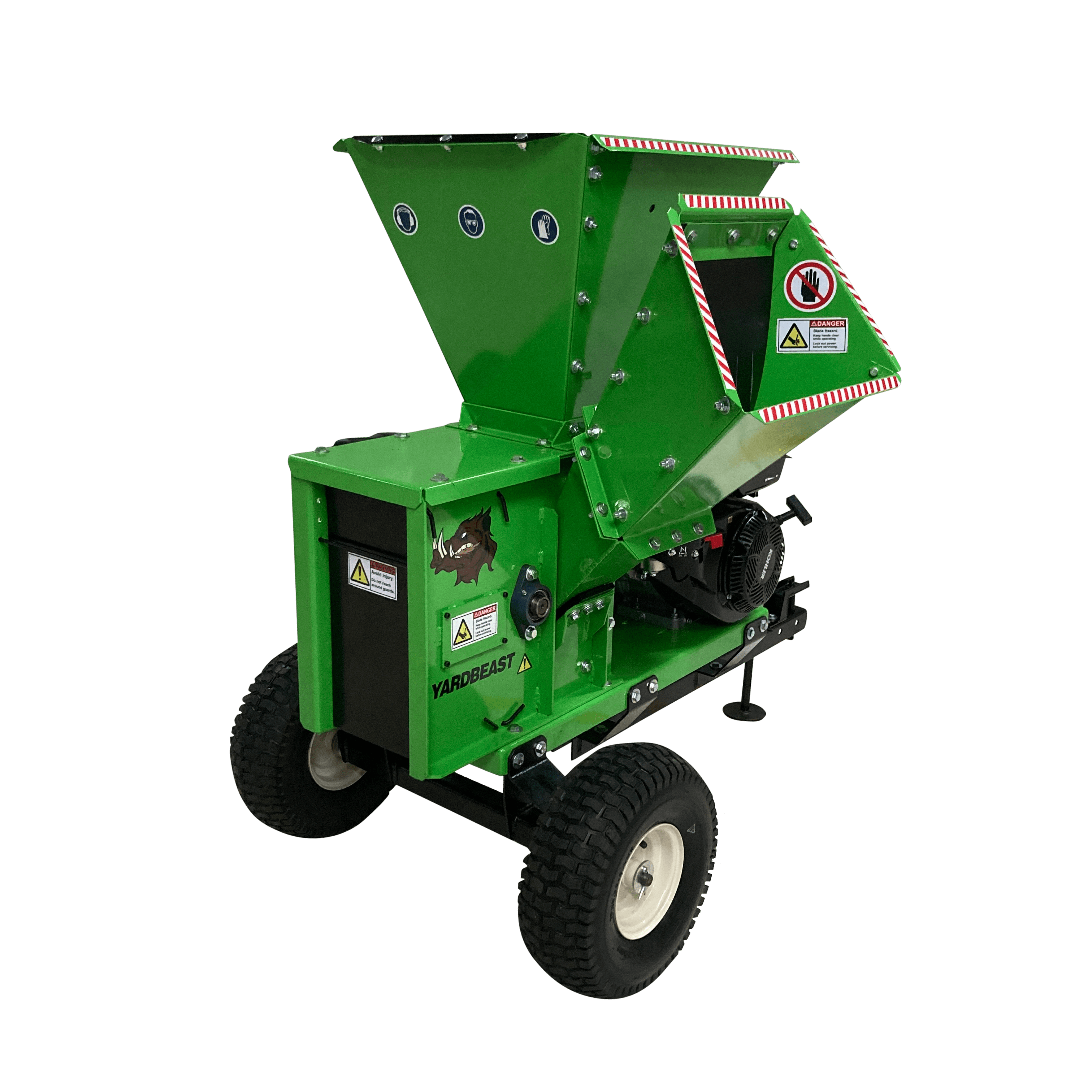 Green YardBeast 2090 3.5in. wood chipper shredder on a transparent background back side view with logo showing