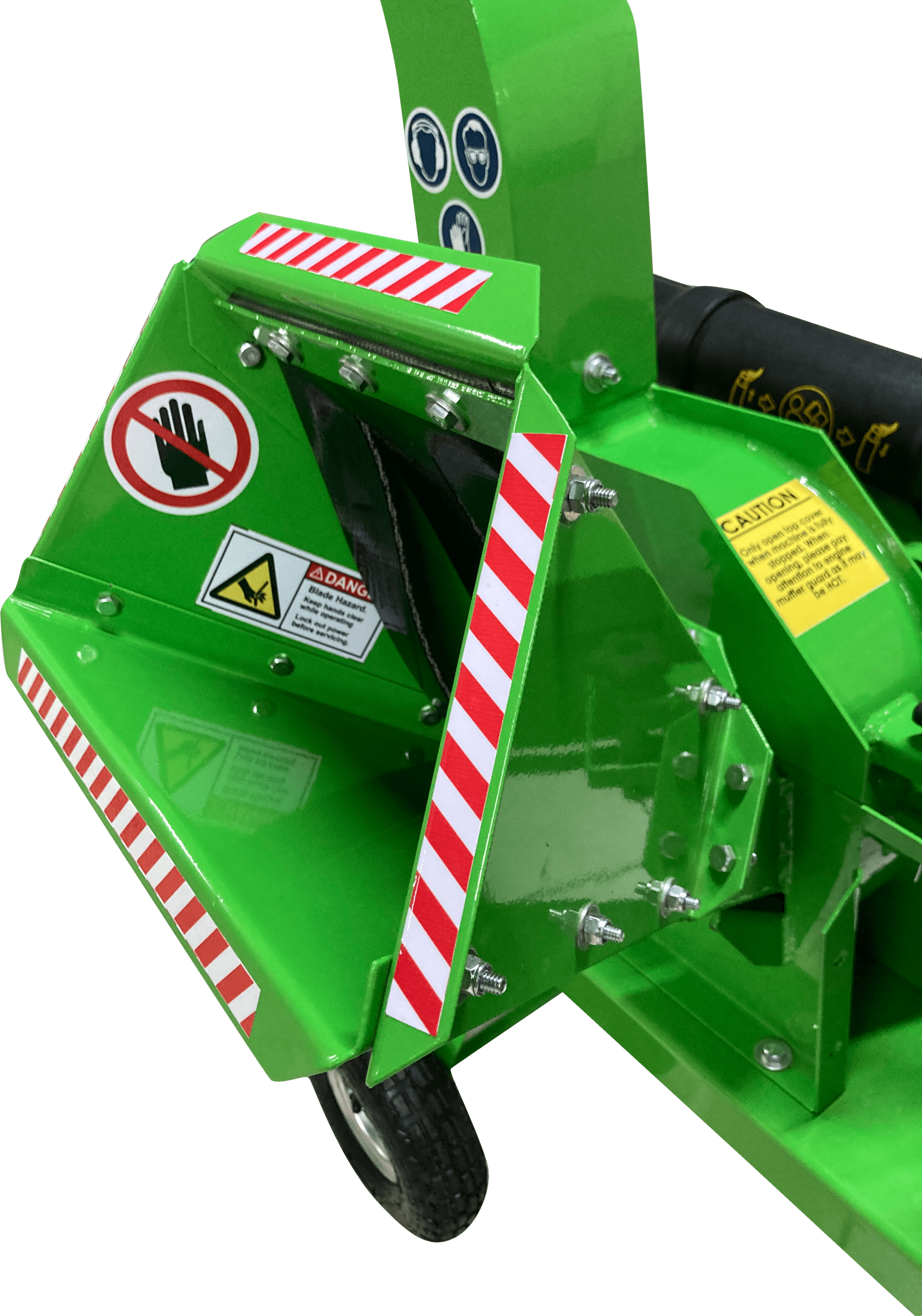 Green yardbeast 2510 woodchipper with safety labels on a transparent background