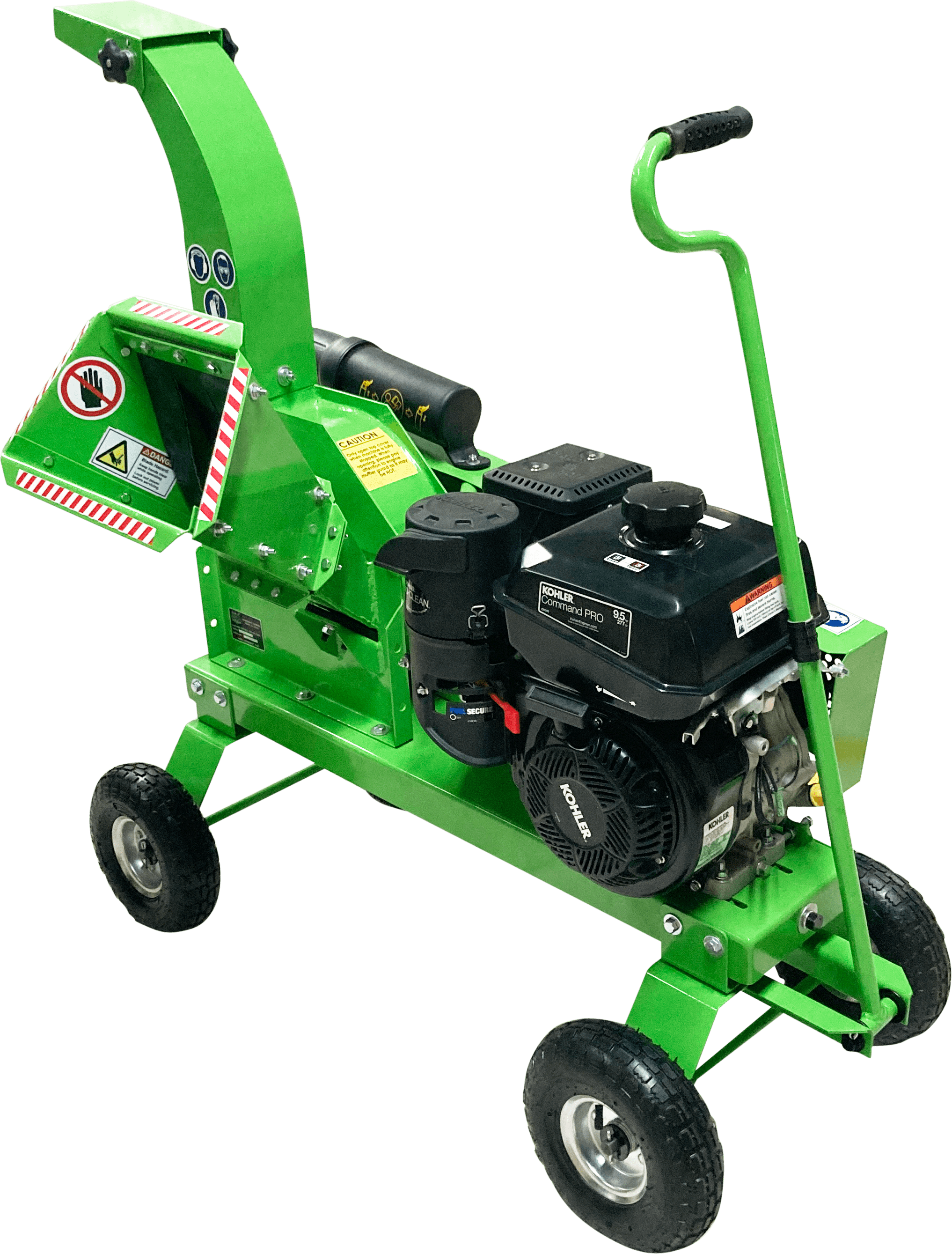 Green YardBeast 2510 woodchipper on a white background front right view with engine showing