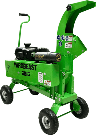Green YardBeast 2510 woodchipper on a white background back left view with YardBeast 2510 logo on the side
