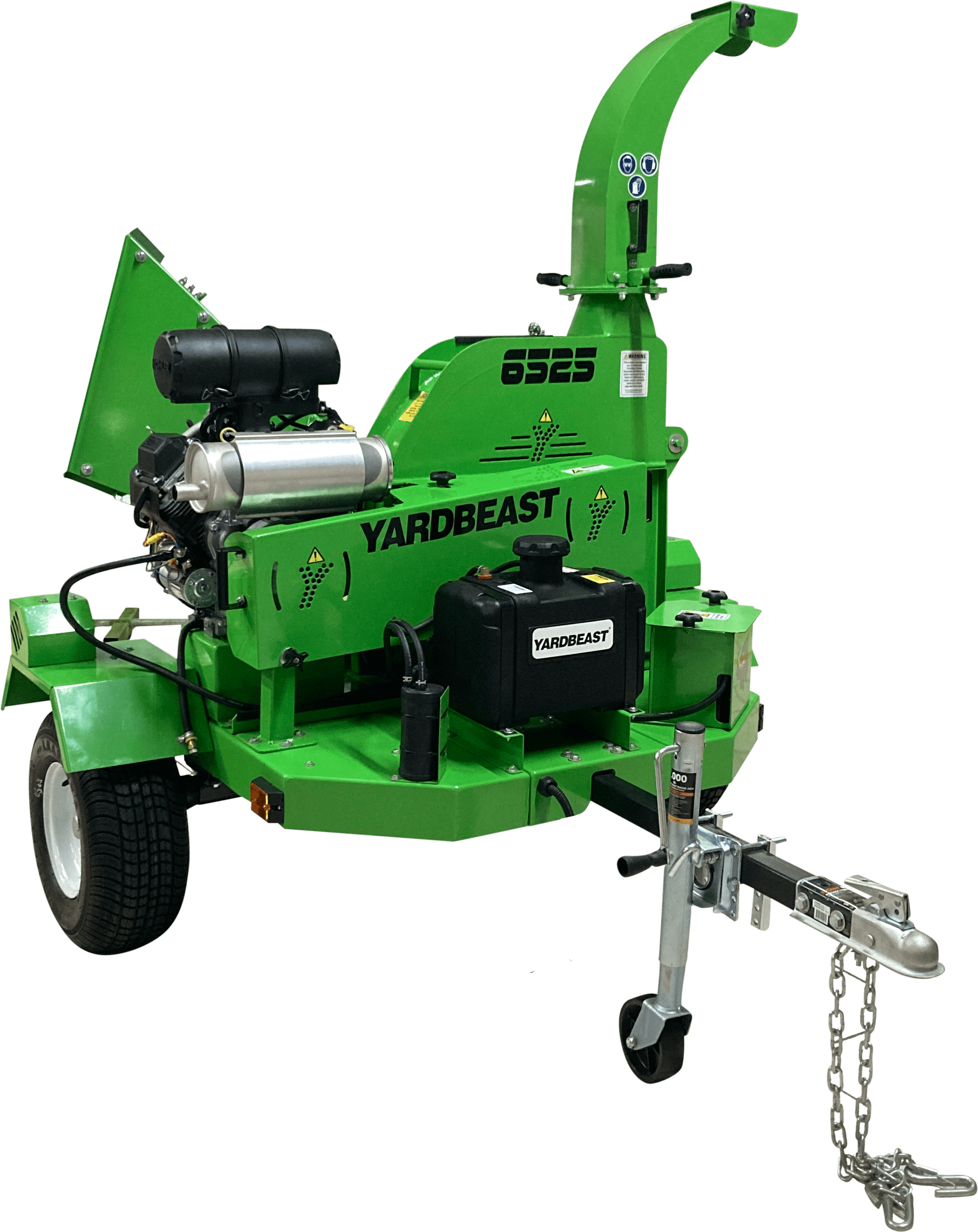 Green YardBeast 6.5 in wood chipper with 'Yardbeast' branding on a clear background