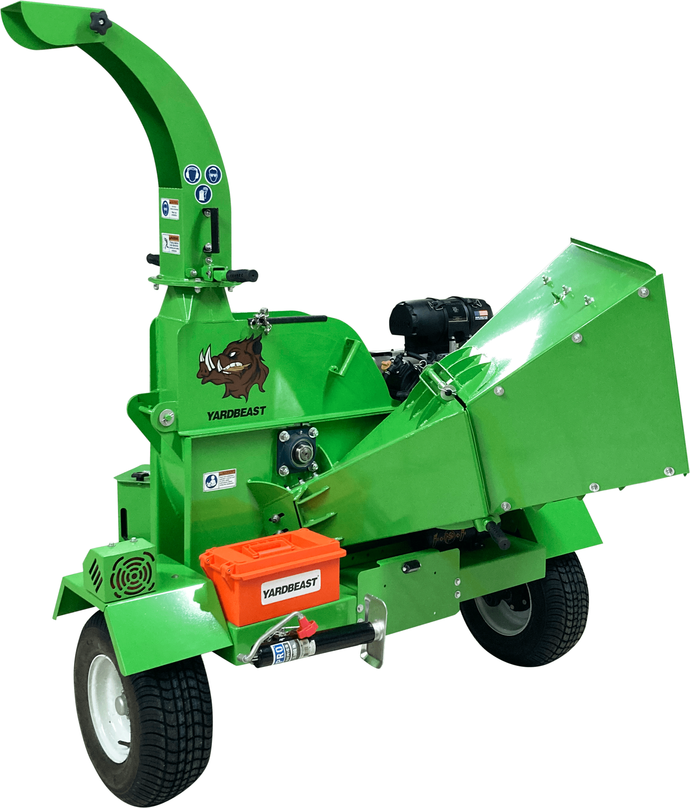 Green YardBeast 6525 Woodchipper with 'Yard Beast' branding on a transparent background side mouth view on wheels